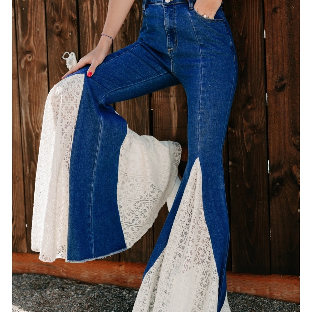 NanaMacs Blue Flare Jeans with White Lace